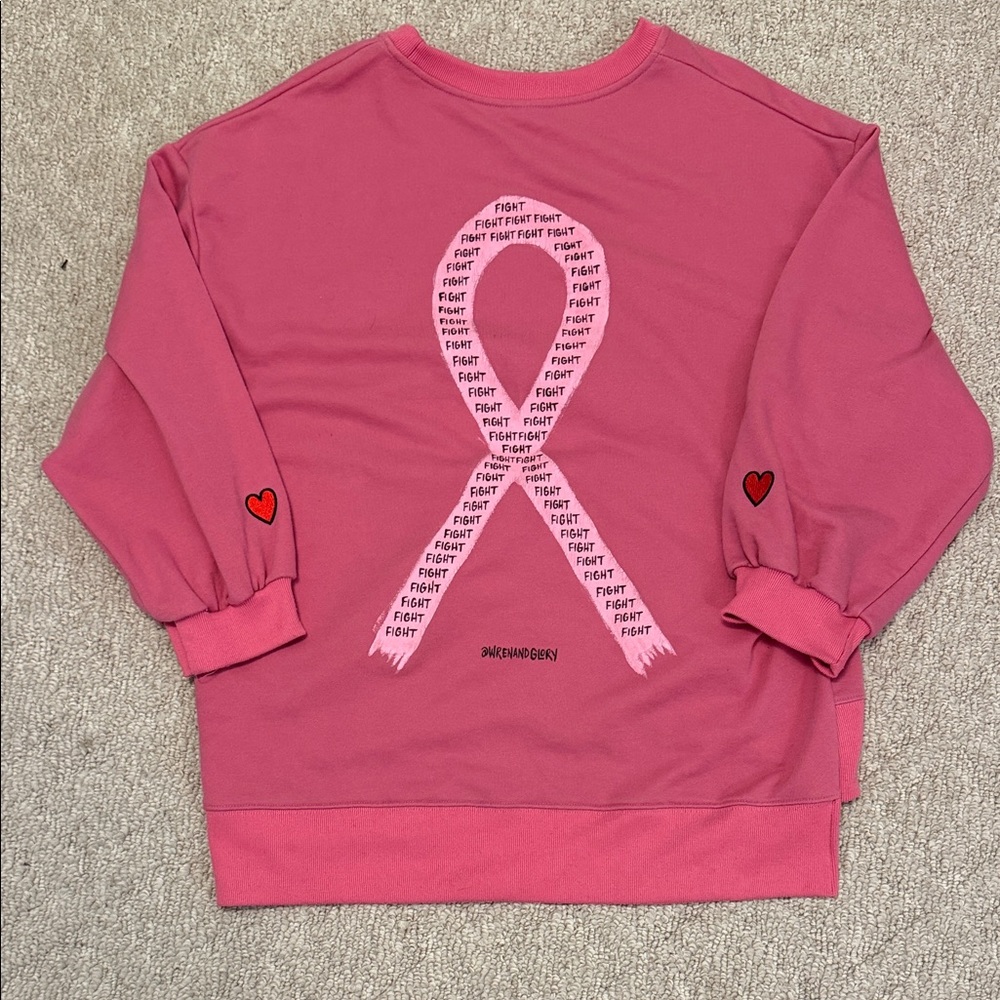 Women's oversized hand painted pink Crew Neck Sweater with Ribbon Design